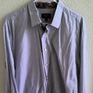 Tallia, long sleeve casual button down, white with blue/red pattern, floral
